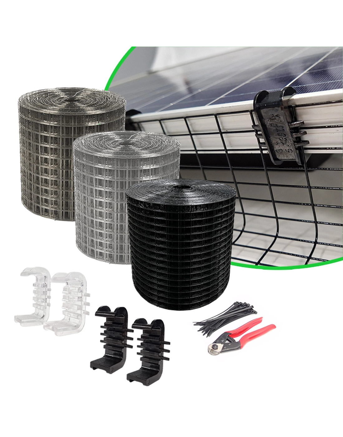 Solar Panel Proofing Kit (30m) - Black PVC Galvanised Mesh with 30mm Critter Clips, Cable Ties and Mesh Cutters